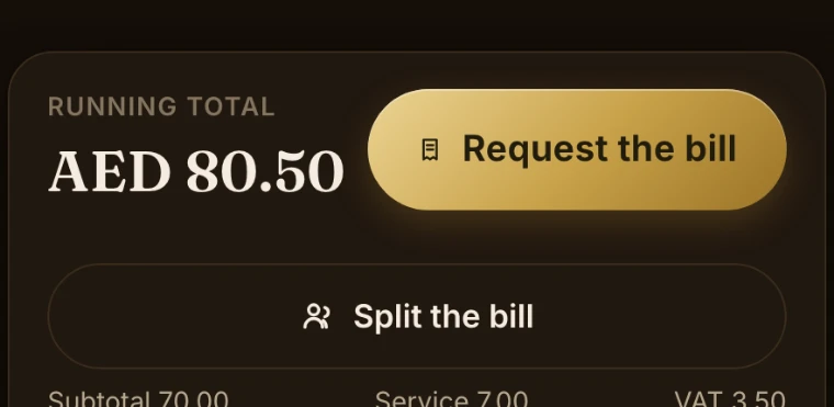 Running total AED 80.50 — subtotal 70.00, service 7.00, VAT 3.50 — with Request the bill